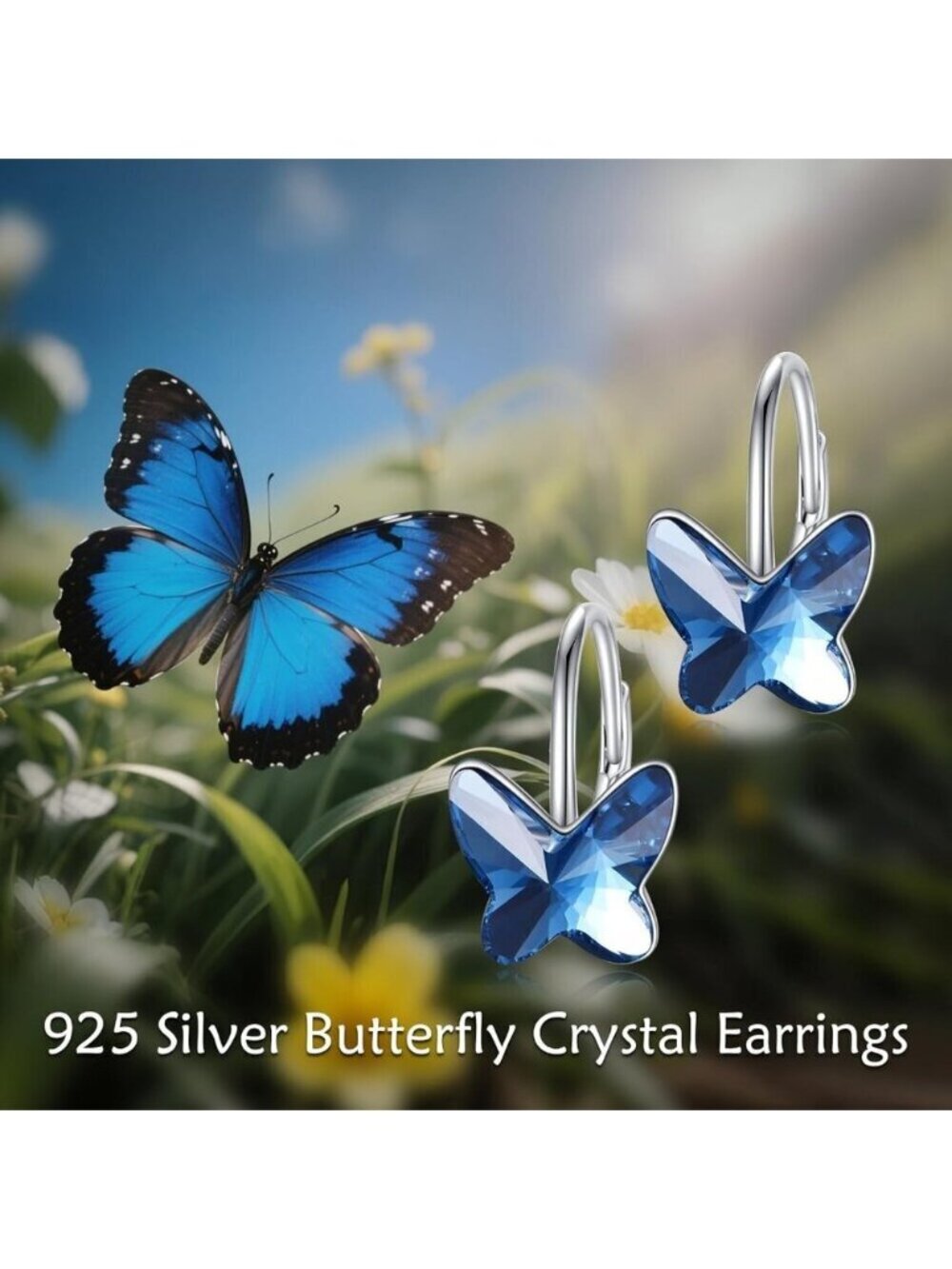 Women's Sterling Butterfly Blue Dangle Hoop Leverback Comfortable Earring